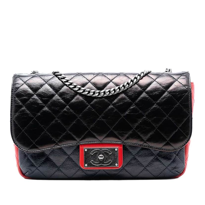 Chanel Large Tricolor Quilted Glazed Calfskin CC Plate Flap Black Leather Good condition - Front View