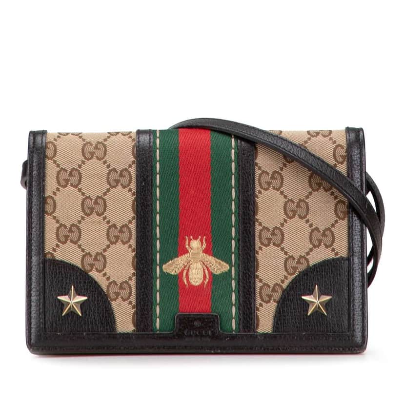 Gucci GG Canvas Webby Bee Wallet on Strap Brown Canvas Good condition - Front View