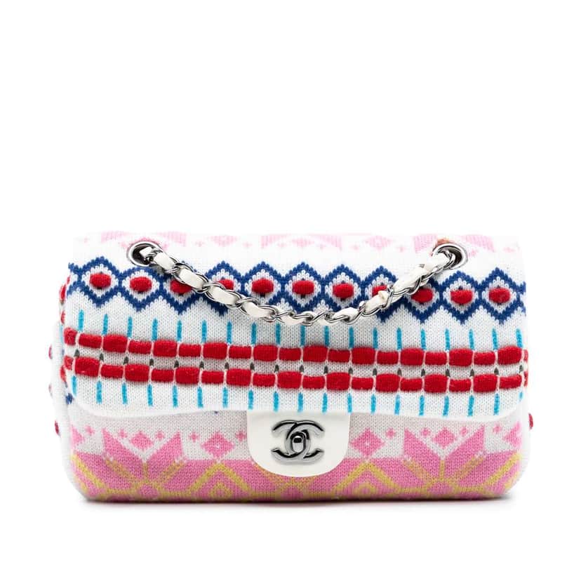 Chanel Medium Classic Multicolor Cashmere Knit Single Flap White Wool Good condition - Front View