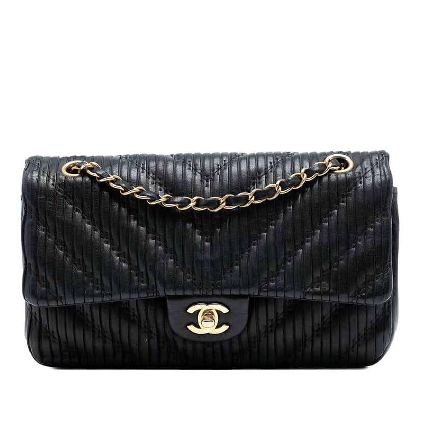 Chanel Medium Classic Chevron Calfskin Pleated Double Flap Black Leather Good condition - Front View