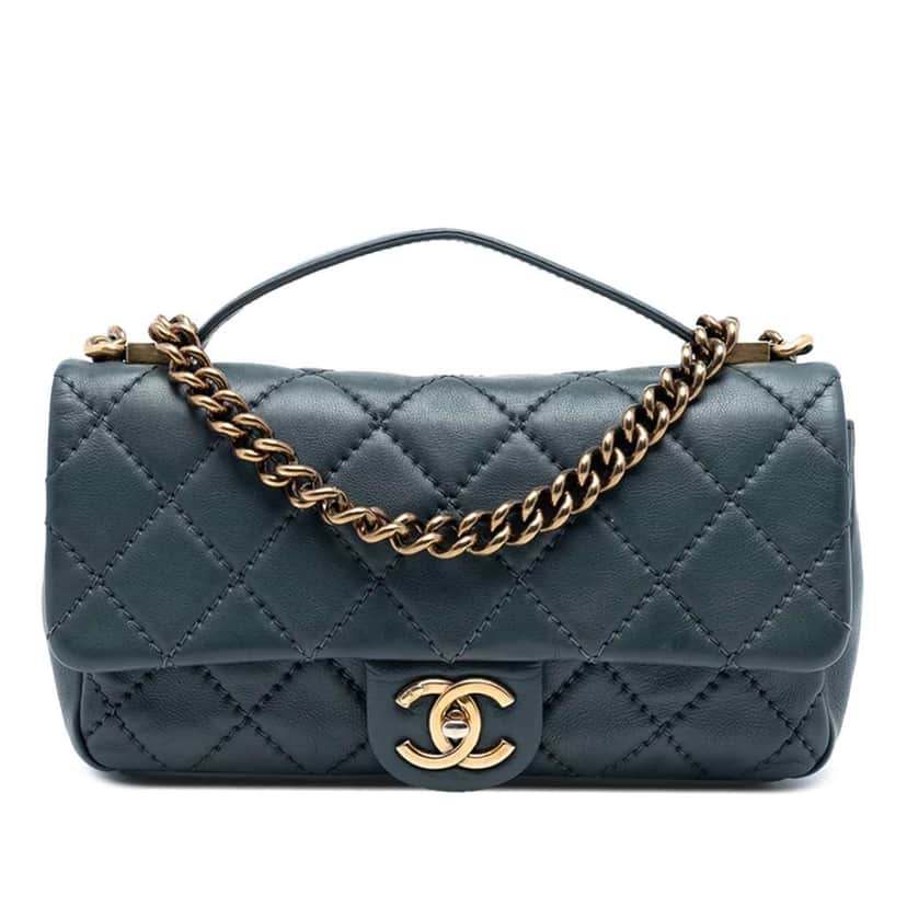 Chanel CC Quilted Calfskin Top Handle Bag Blue Leather Good condition - Front View