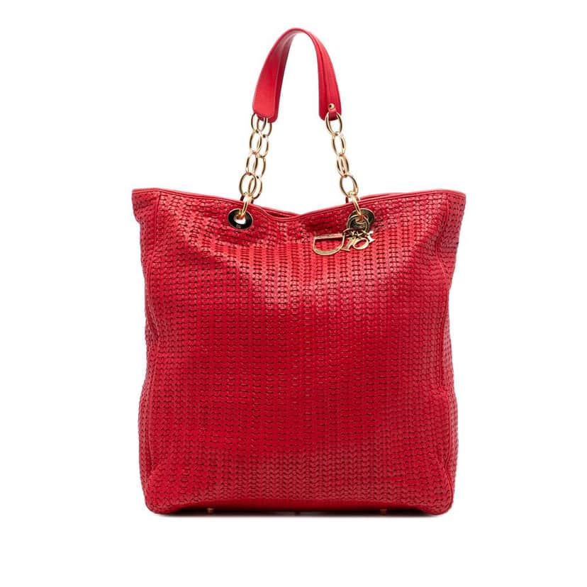 Dior Large Woven Lambskin Lady Dior Soft Shopping Tote Red Leather Good condition - Front View