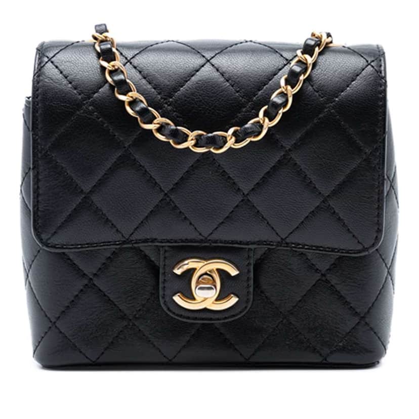 Chanel Mini Square Classic Goatskin Single Flap Black Leather Good condition - Front View