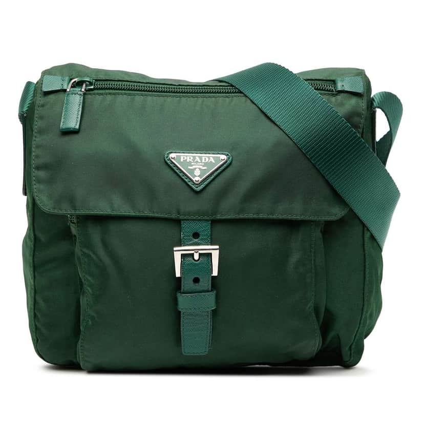 Prada Tessuto Zip Buckle Messenger Bag Green Good condition - Front View