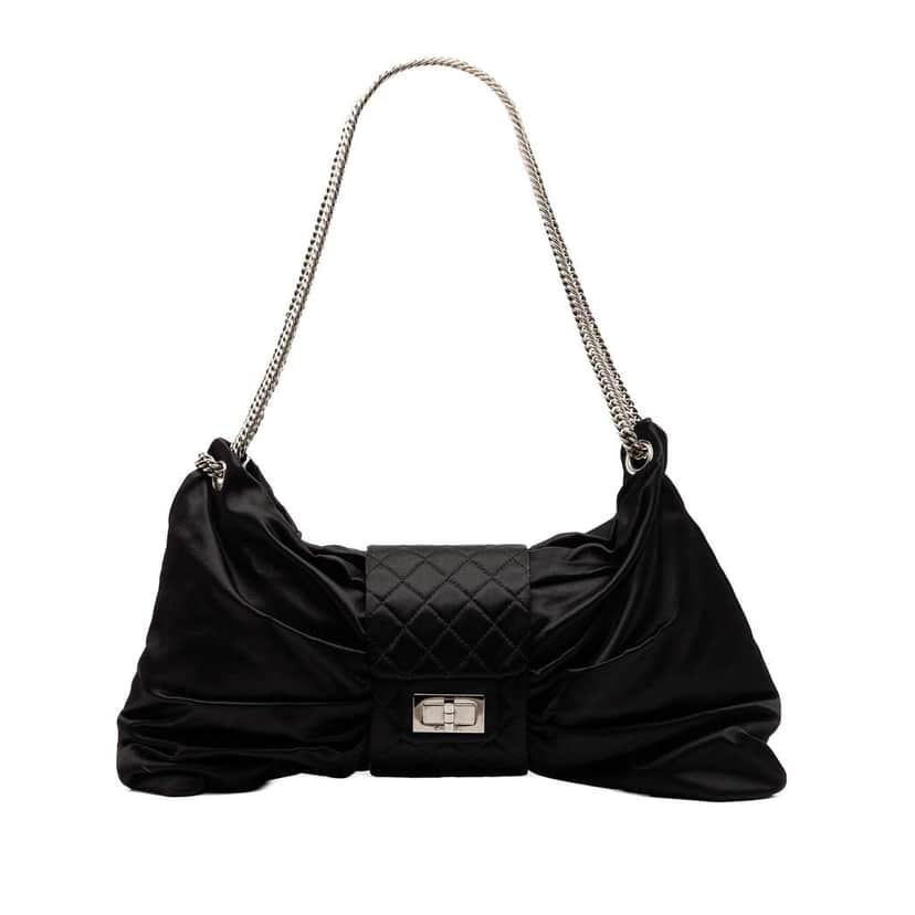 Chanel Medium Satin Bow Mademoiselle Shoulder Bag Black Satin Good condition - Front View
