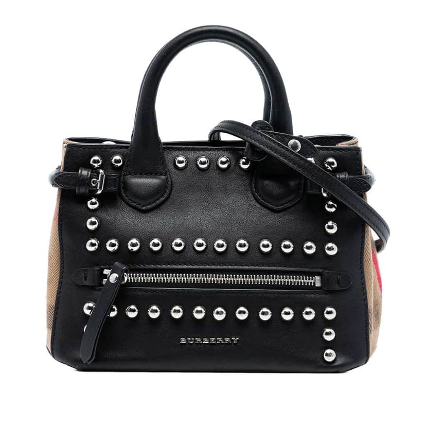 Burberry Baby Banner Studded Leather and House Check Tote Black Leather Very good condition - Front View