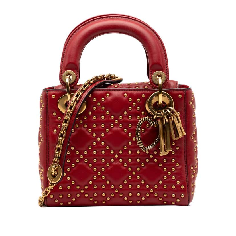 Dior Mini Lambskin Cannage Studded Supple Lady Dior Red Leather Very good condition - Front View