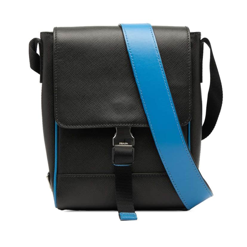 Prada Saffiano Buckle Messenger Bag Black Leather Good condition - Front View