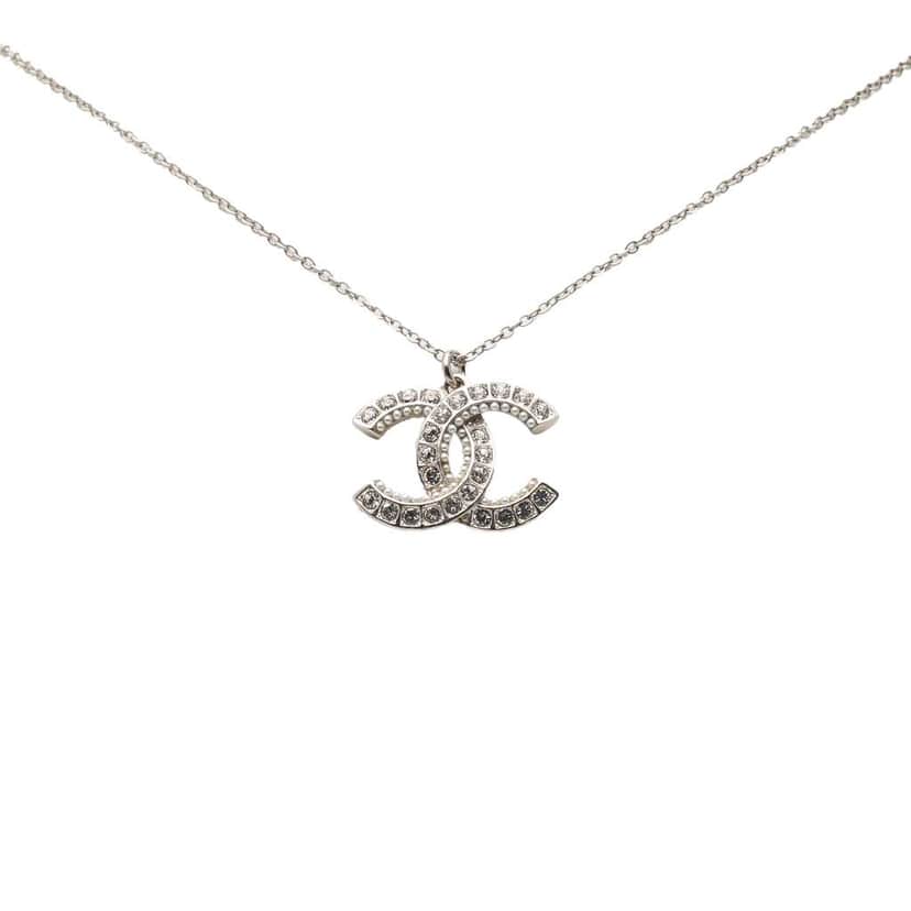 Chanel Silver Plated CC Rhinestones Pendant Necklace Silver Metal Good condition - Front View