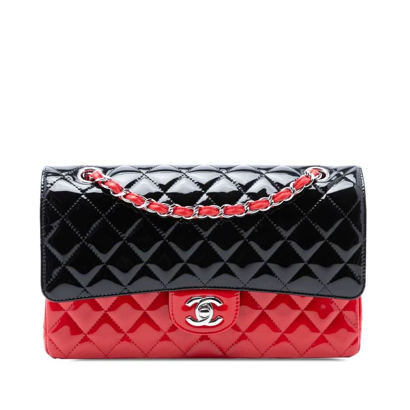 Chanel Medium Classic Bicolor Patent Double Flap Black Leather Good condition - Front View