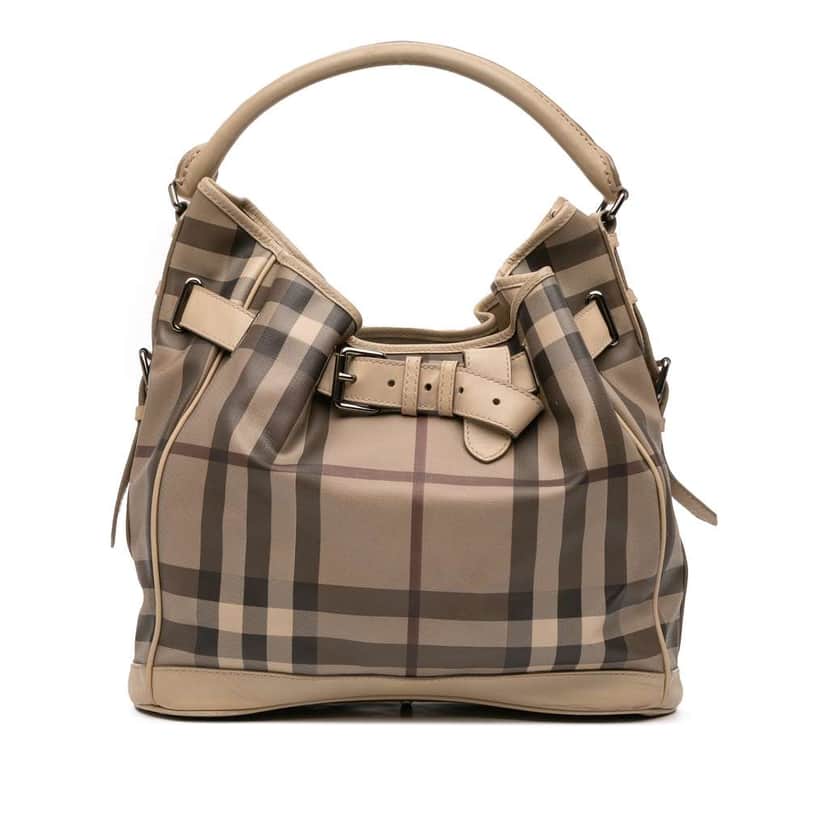 Burberry Medium Smoke Check Coated Canvas Walden Belted Hobo Brown Canvas Good condition - Front View