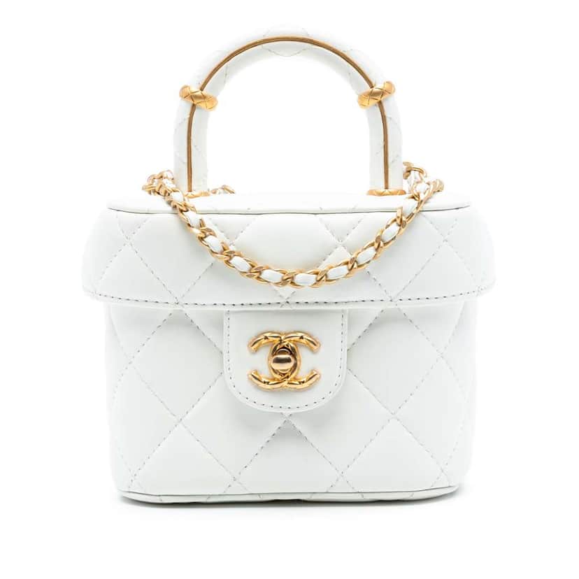 Chanel Mini CC Quilted Lambskin Vanity Top Handle Cosmetic Case White Leather Good condition - Front View