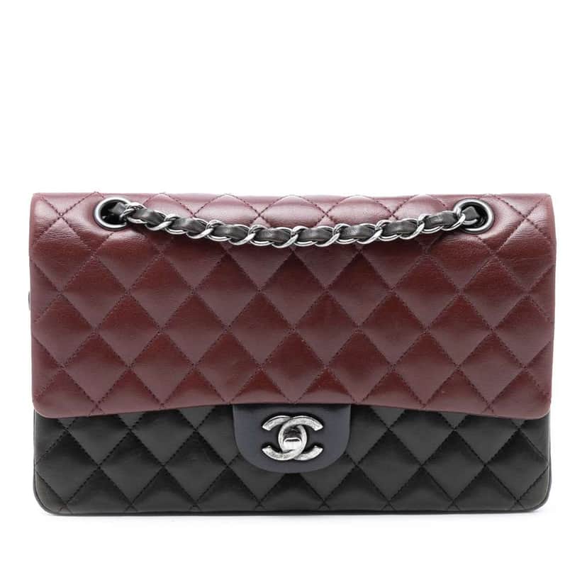 Chanel Medium Classic Tricolor Lambskin Double Flap Black Leather Very good condition - Front View