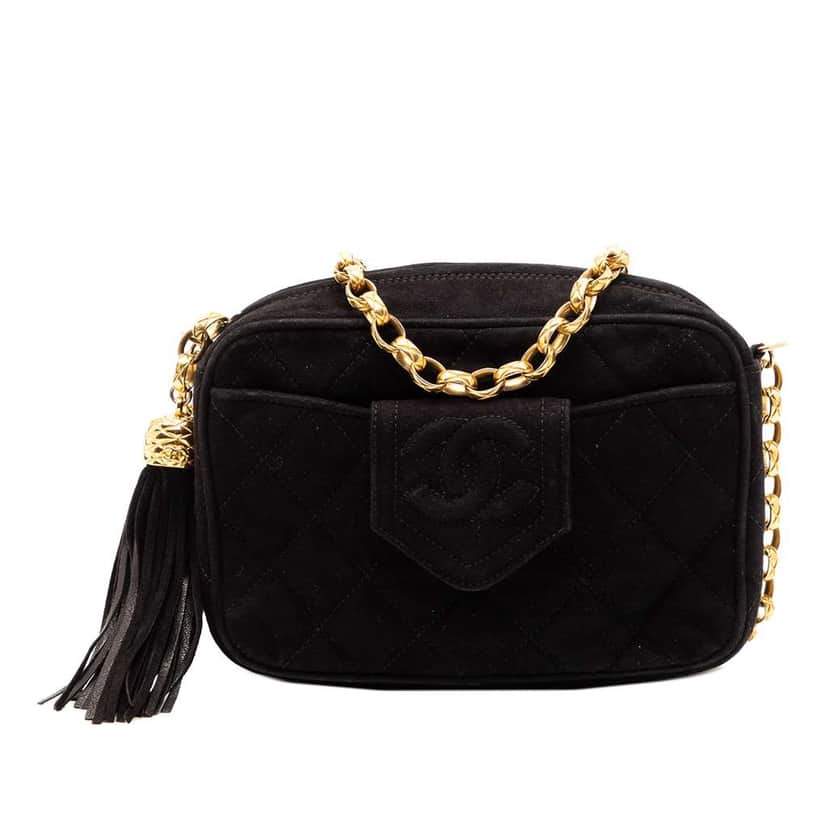 Chanel Mini CC Quilted Suede Tassel Camera Bag Black Leather Good condition - Front View
