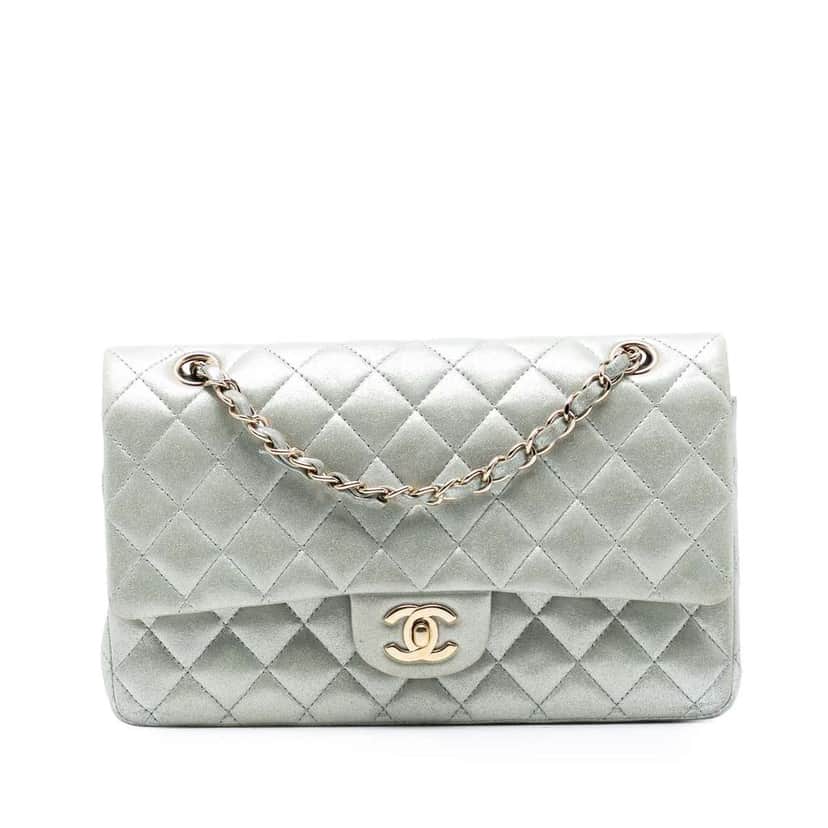 Chanel Medium Classic Iridescent Lambskin Double Flap Silver Leather Good condition - Front View