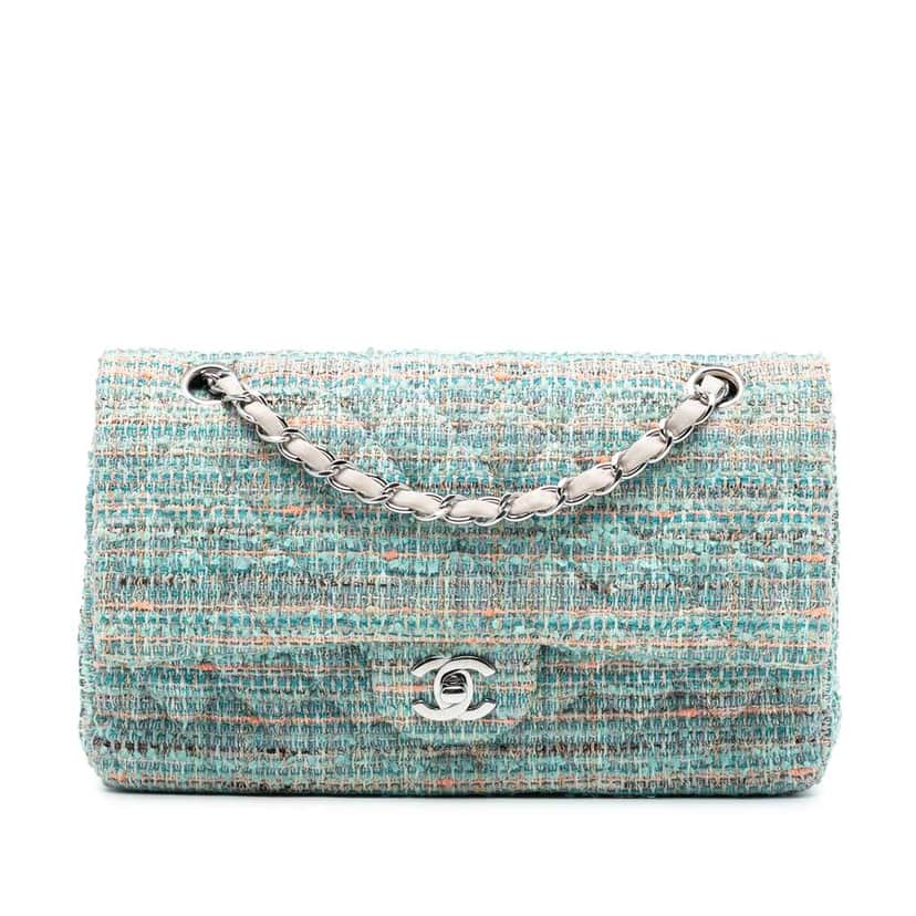 Chanel Medium Classic Tweed Double Flap Blue Tweed Good condition - Front View