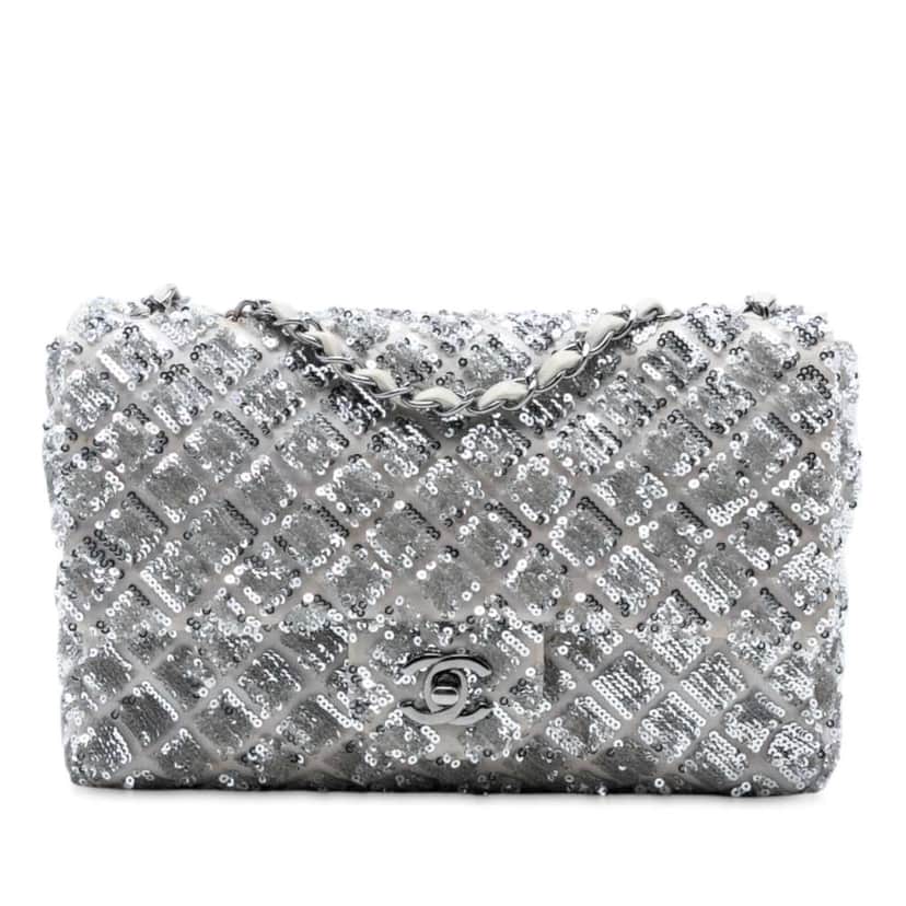 Chanel Medium Classic Satin and Sequin Single Flap Silver Satin Good condition - Front View
