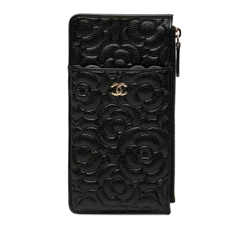 Chanel CC Embossed Caviar Camellia Flat Phone Case Wallet Pouch Black Leather Good condition - Front View