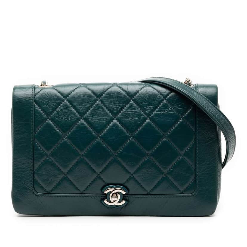 Chanel Small Quilted Crumpled Calfskin Bi Vintage Full Flap Green Leather Good condition - Front View