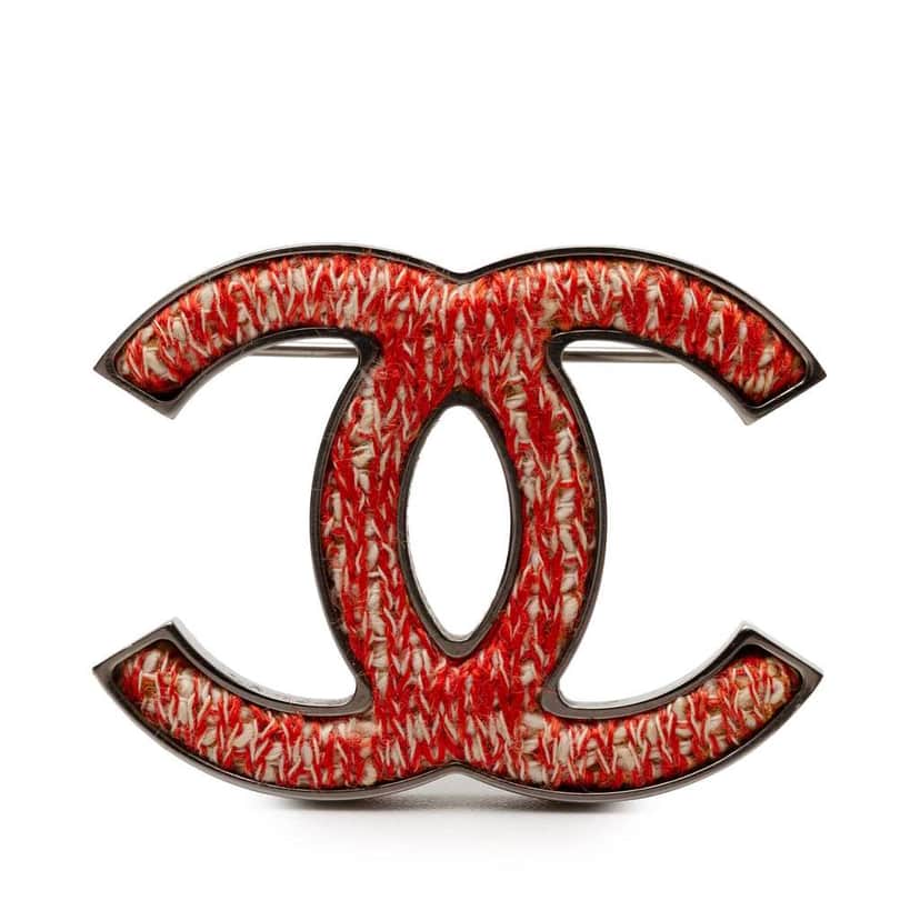Chanel CC Silver Plated and Tweed Brooch Silver Metal Good condition - Front View