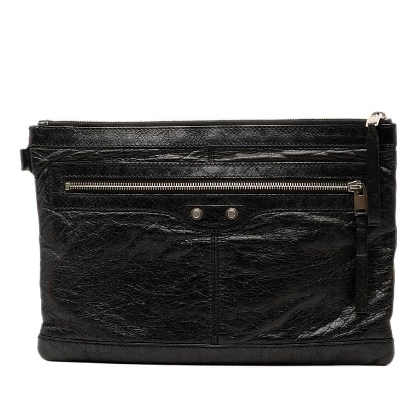 Balenciaga Lambskin Motocross Classic Clip M Clutch Black Leather Good condition - Front View