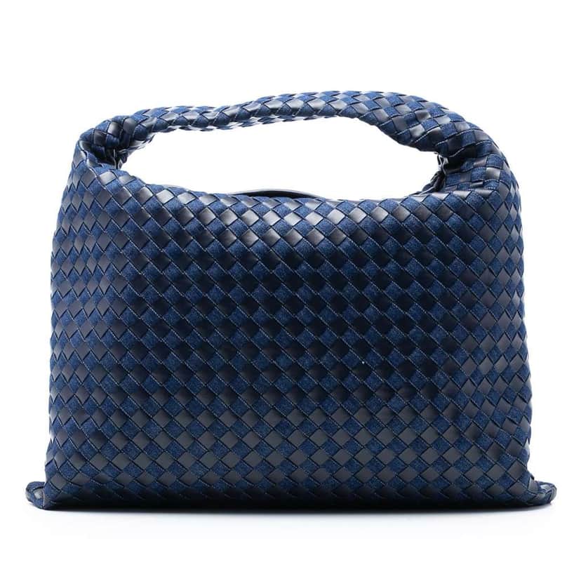 Bottega Veneta Large Calfskin and Denim Intrecciato Hop Hobo Blue Leather Good condition - Front View