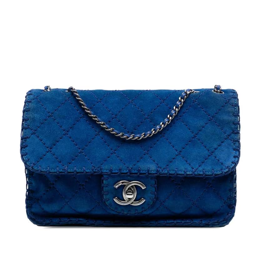 Chanel Medium Quilted Suede Whipstitch Single Flap Blue Leather Good condition - Front View