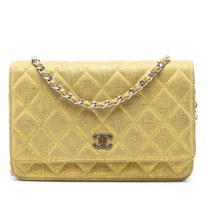 Chanel CC Quilted Metallic Fabric Wallet On Chain Yellow Polyester Good condition - Front View