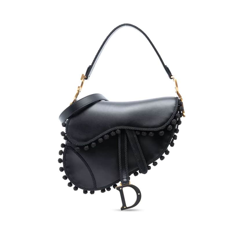Dior Calfskin Pom Pom Saddle Bag Black Leather Good condition - Front View
