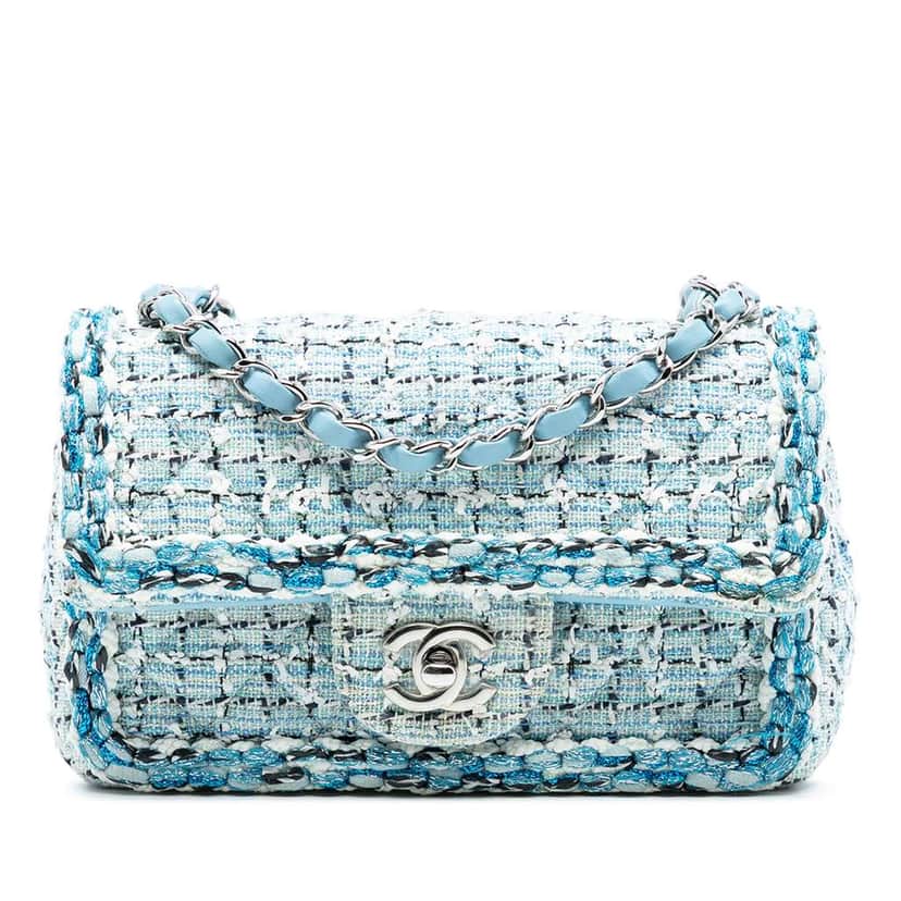 Chanel Mini Rectangular Classic Tweed Braided Single Flap Blue Tweed Good condition - Front View