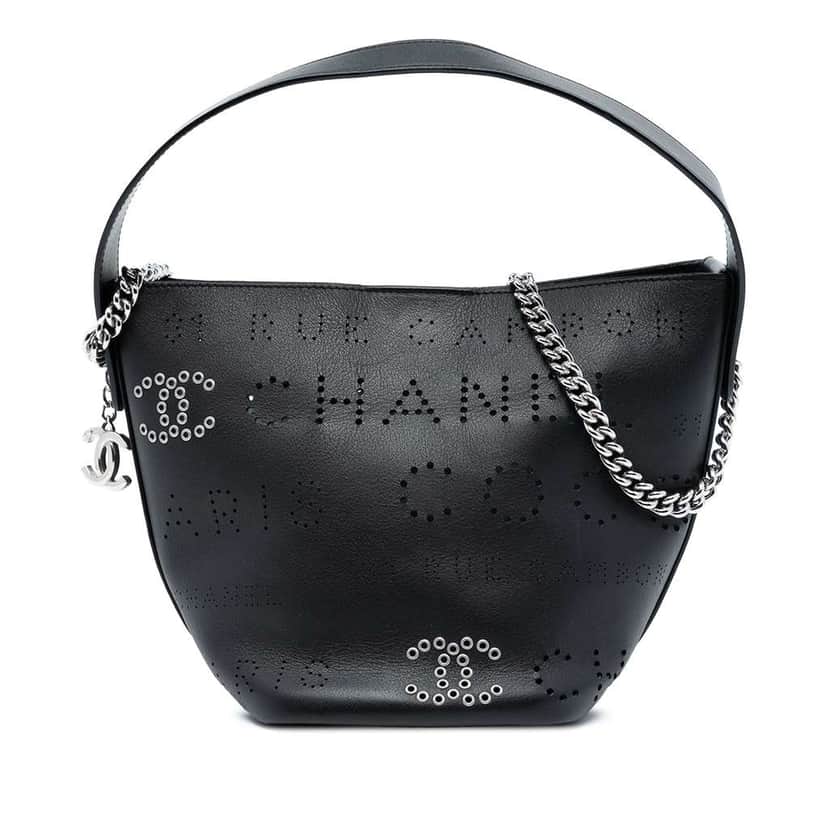 Chanel Small Perforated Calfskin Logo Eyelet Bucket Bag Black Leather Very good condition - Front View