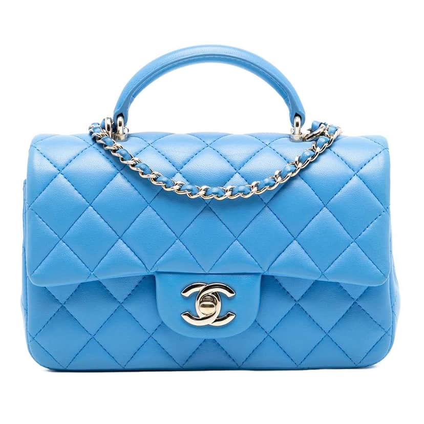 Chanel Mini Rectangular Classic Lambskin Top Handle Flap Blue Leather Good condition - Front View