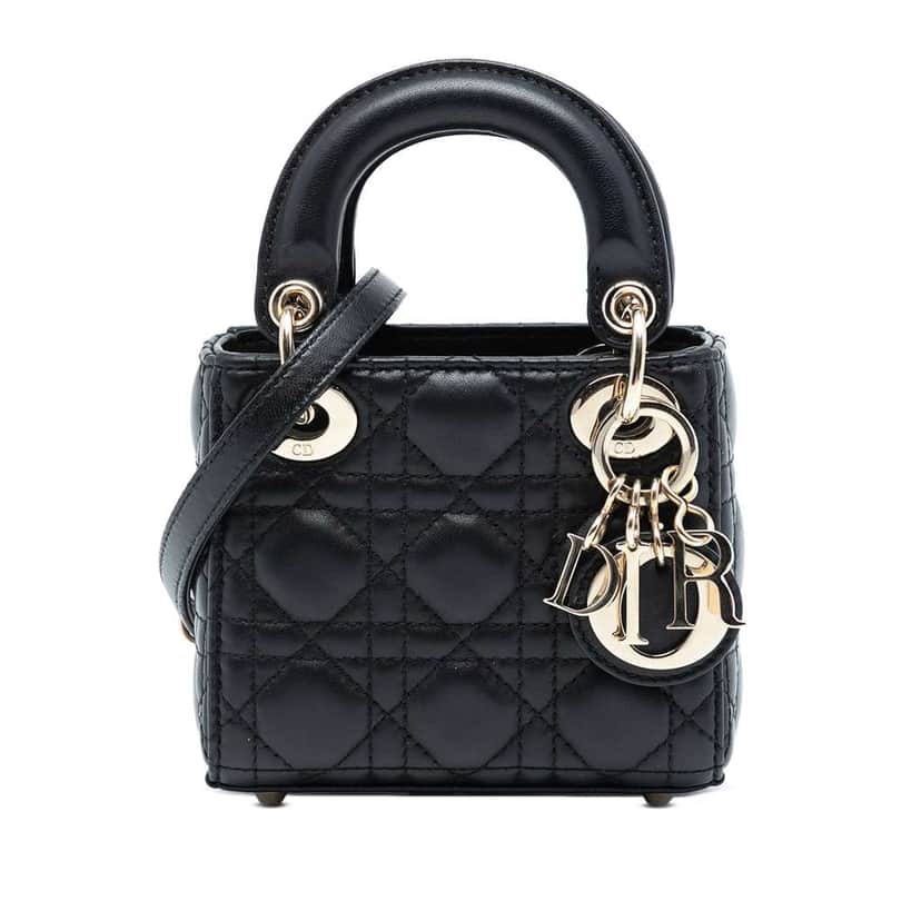 Dior Micro Lambskin Cannage Lady Dior Black Leather Good condition - Front View