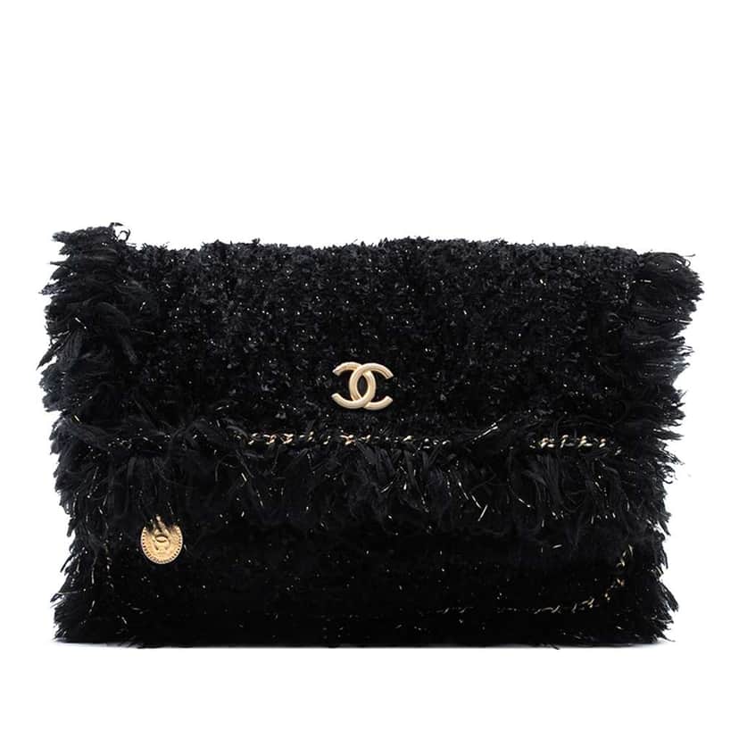 Chanel Paris Cosmopolite Tweed Fringe Clutch Black Tweed Good condition - Front View