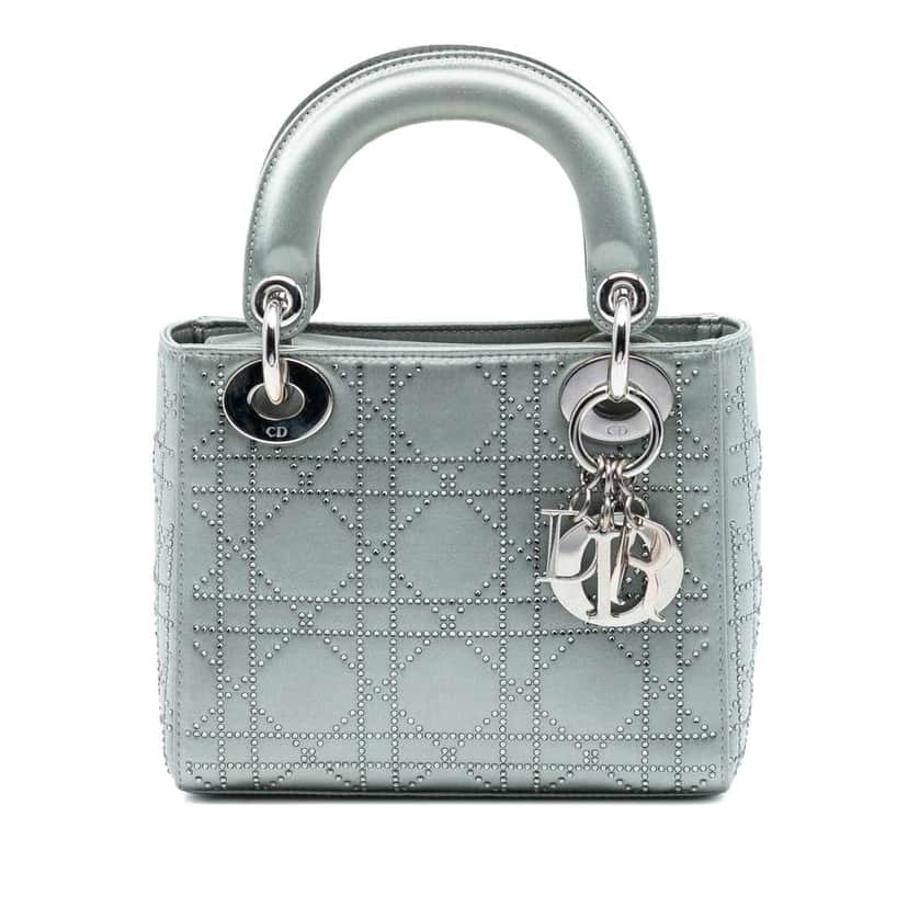 Dior Mini Satin Cannage Strass Crystal Embellished Lady Dior Grey Satin Good condition - Front View