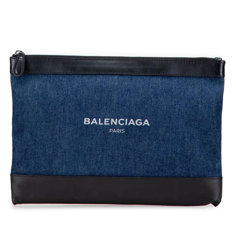 Balenciaga Denim Navy Clip M Clutch Blue Denim Good condition - Front View