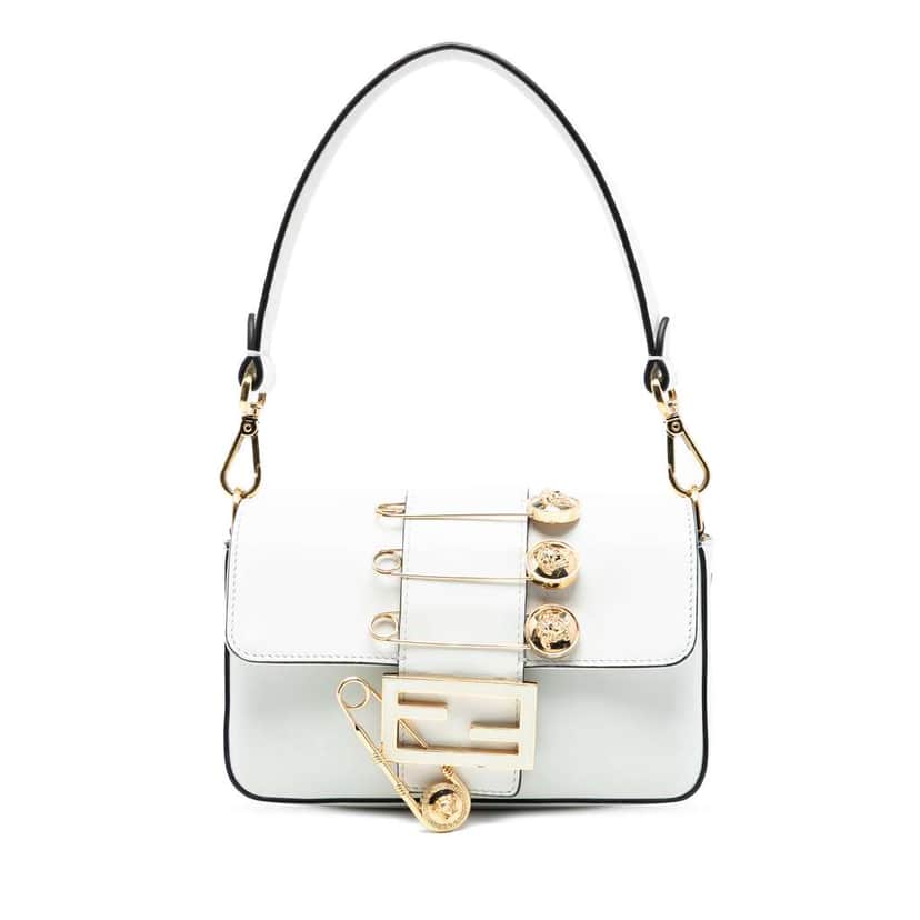 Fendi Versace Vitello Seta Fendace Mini Brooch Baguette Satchel White Leather Good condition - Front View