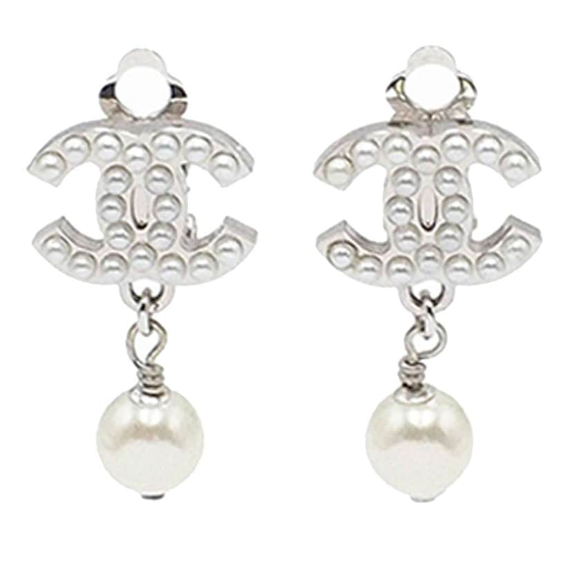 Chanel Silver Plated CC Faux Pearl Drop Clip On Earrings Silver Metal Good condition - Front View