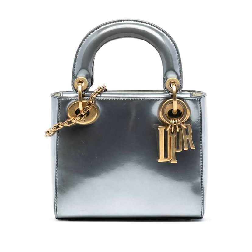 Dior Mini Metallic Patent Lady Dior Silver Leather Good condition - Front View