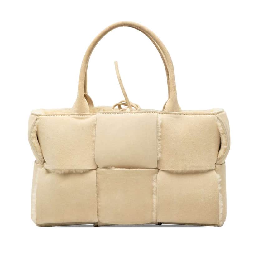 Bottega Veneta Small Suede and Shearling Maxi Intrecciato Arco Tote Brown Leather Good condition - Front View
