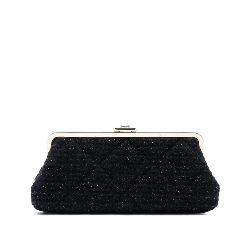 Chanel Quilted Tweed Kisslock Clutch Black Tweed Good condition - Front View