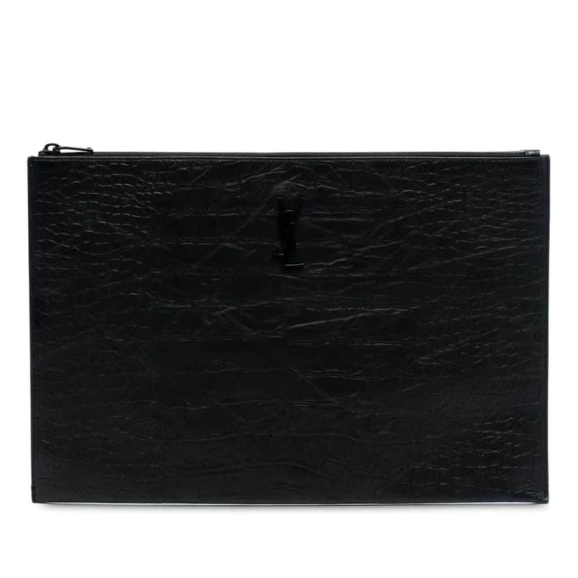 Saint Laurent Croc Embossed Leather Monogram Clutch Black Leather Very good condition - Front View