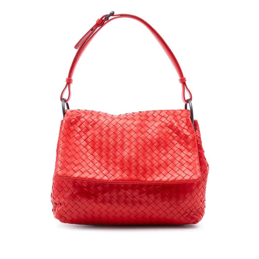 Bottega Veneta Nappa Intrecciato Flap Shoulder Bag Red Leather Good condition - Front View