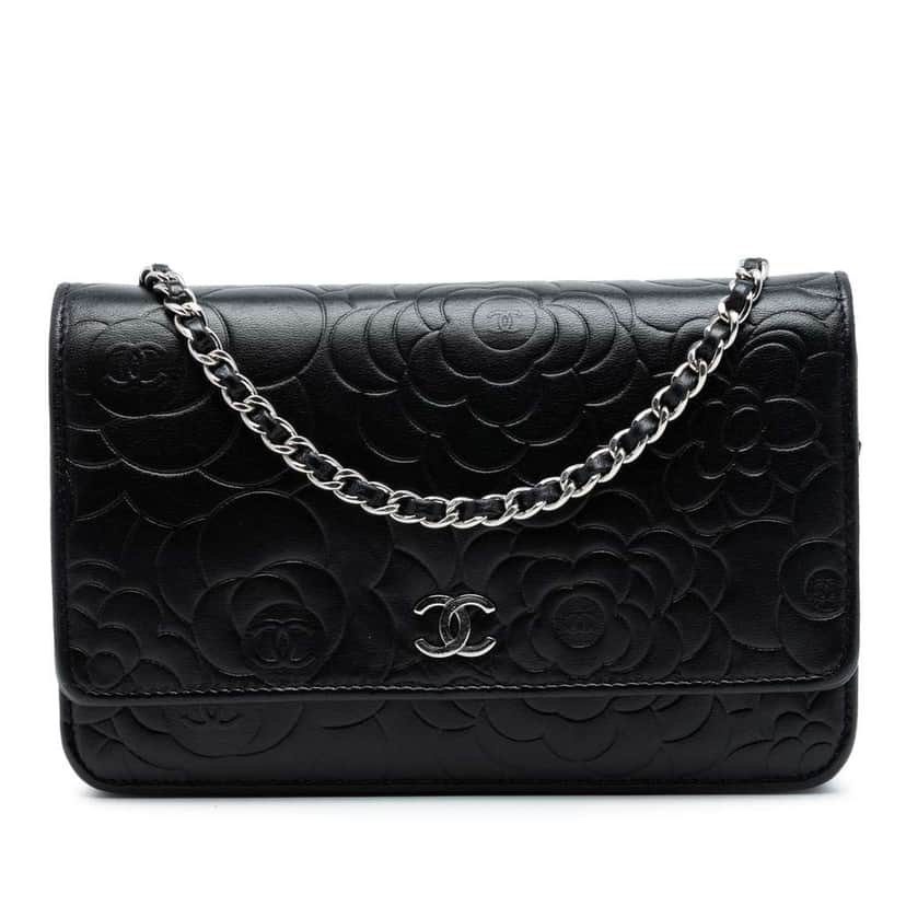 Chanel CC Embossed Lambskin Camellia Wallet On Chain Black Leather Good condition - Front View