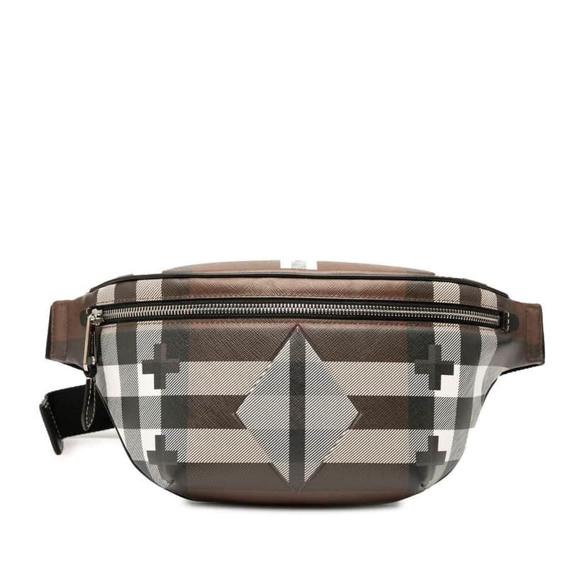 Burberry Geometric Check Coated Canvas Bum Bag Brown Canvas Good condition - Front View
