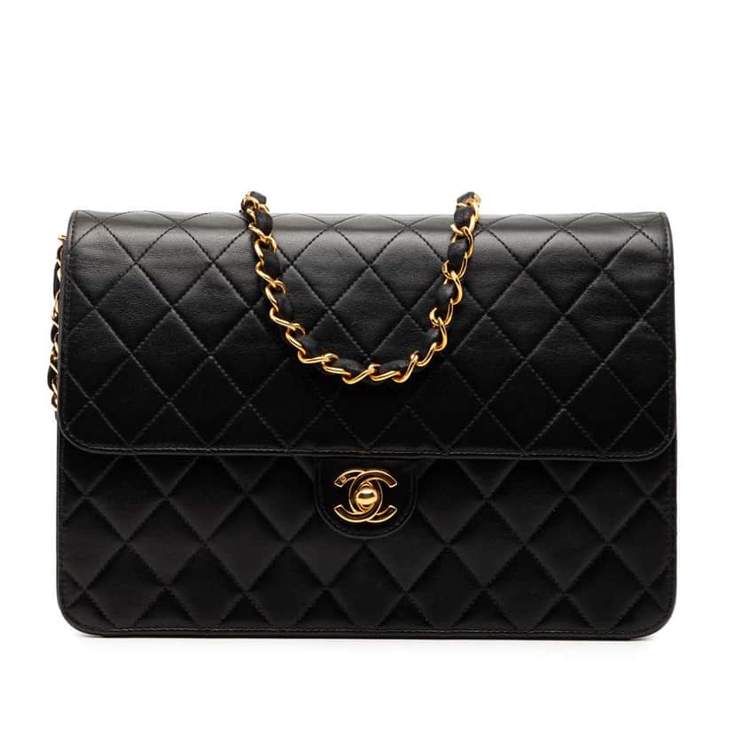 Chanel CC Quilted Lambskin Single Flap Black Leather Good condition - Front View