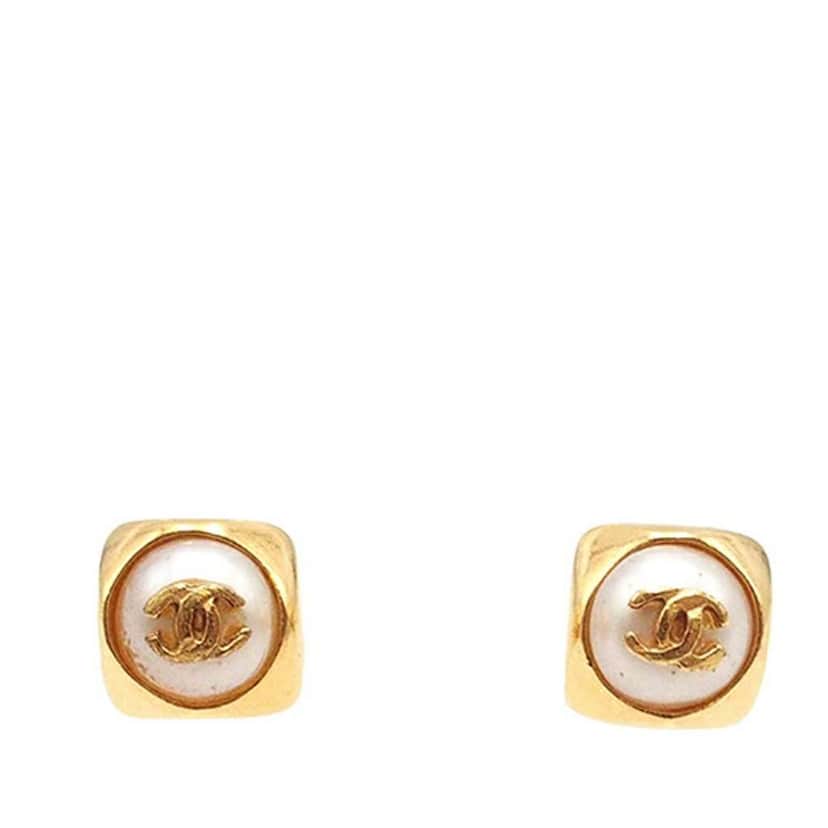 Chanel Gold Plated CC Pearl Push Back Earrings Gold Metal Good condition - Front View