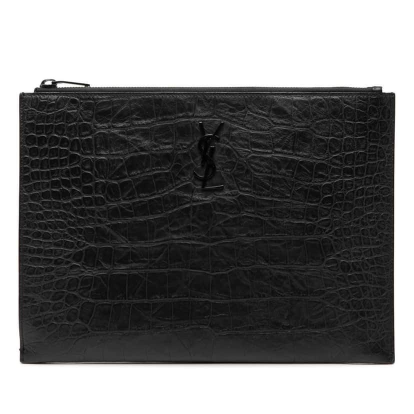 Saint Laurent Croc Embossed Leather Monogram iPad Case Black Leather Good condition - Front View