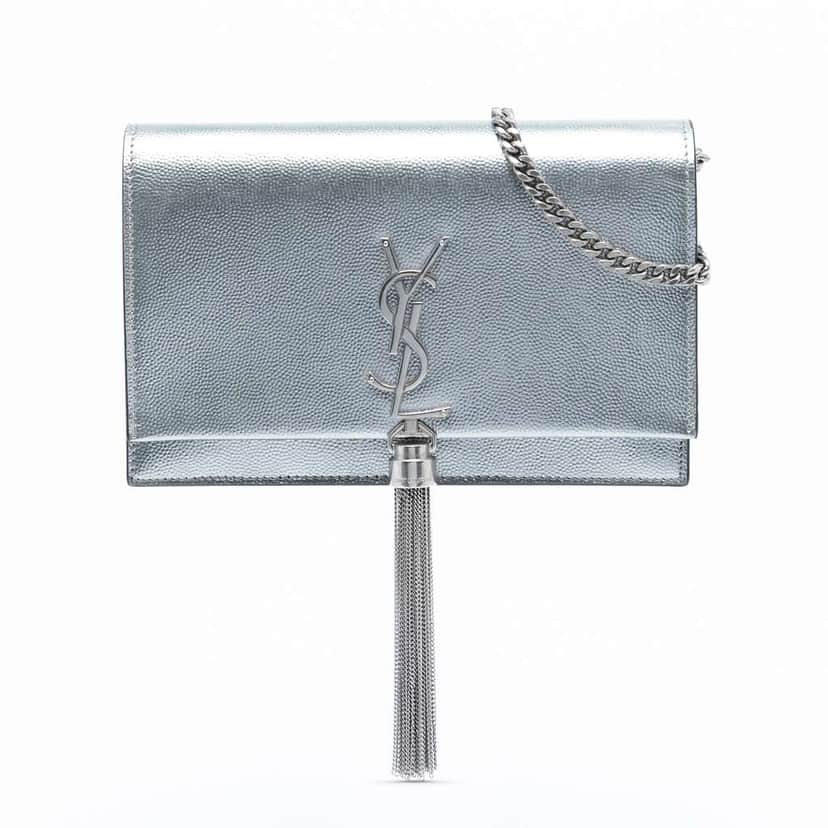Saint Laurent Metallic Grain de Poudre Monogram Kate Tassel Wallet on Chain Silver Leather Good condition - Front View
