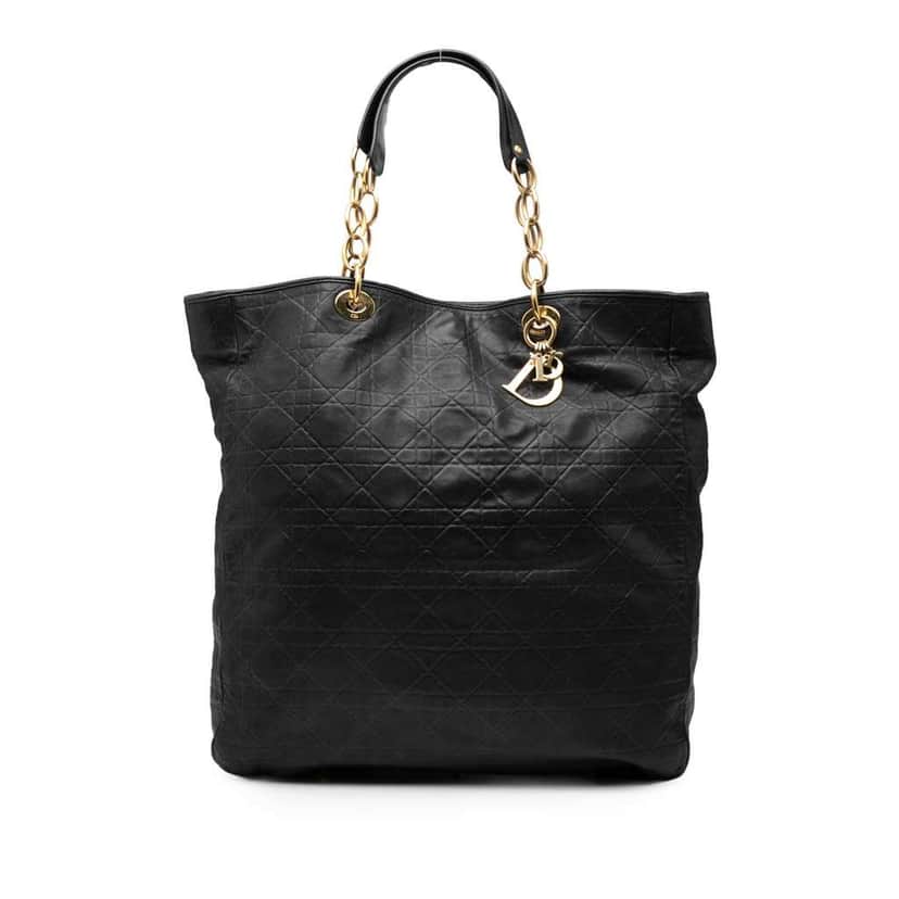Dior Large Lambskin Cannage Lady Dior Soft Shopping Tote Black Leather Very good condition - Front View